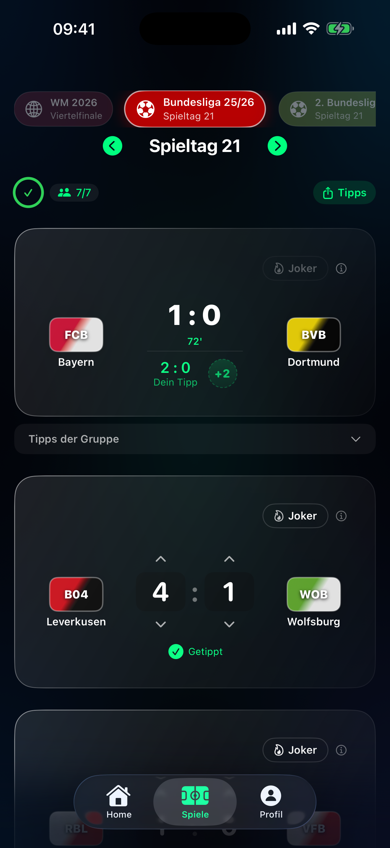 Live-Ergebnisse in der Tippr-App — Bayern 1 zu 0 Dortmund mit Live-Punkten