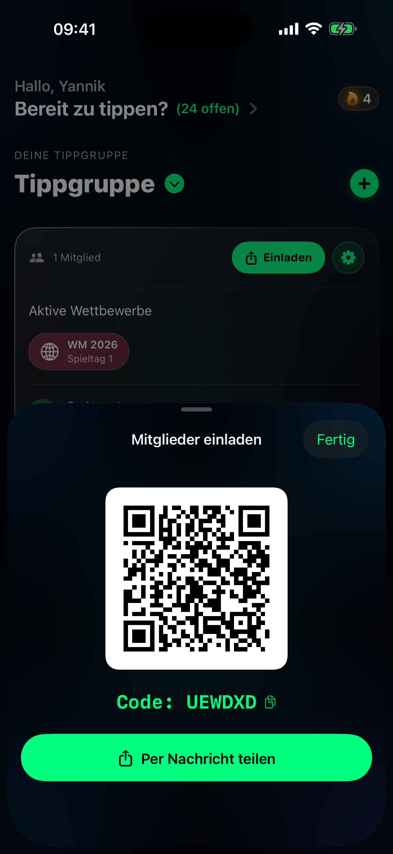 Tipprunde-Übersicht in der Tippr-App mit Einladungs-Sheet zum Code-Teilen