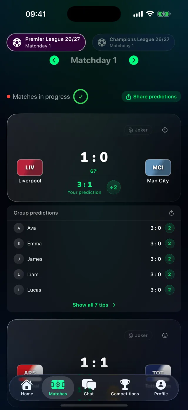 Live scores in the Tippr app — Bayern 1–0 Dortmund with live points