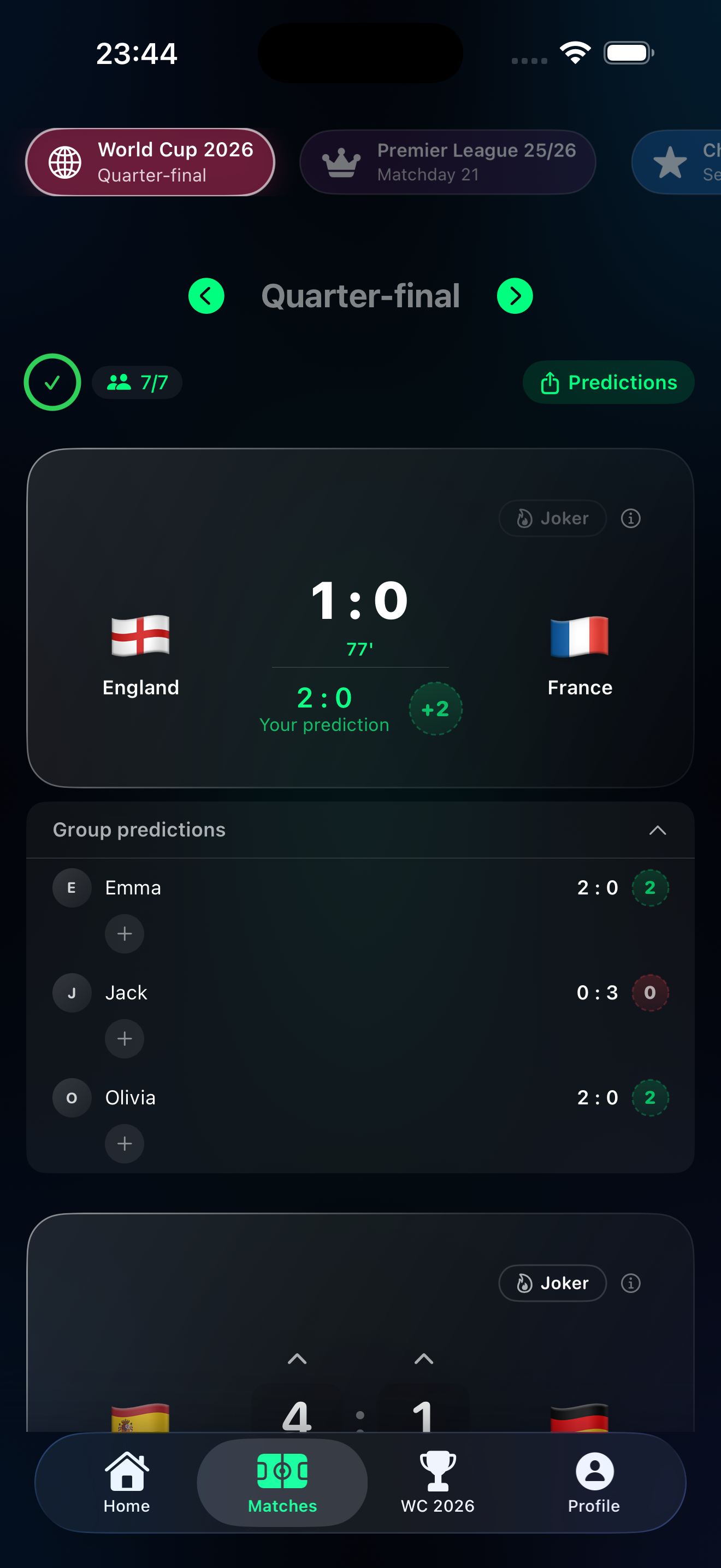 Live scores in the Tippr app — Bayern 1–0 Dortmund with live points