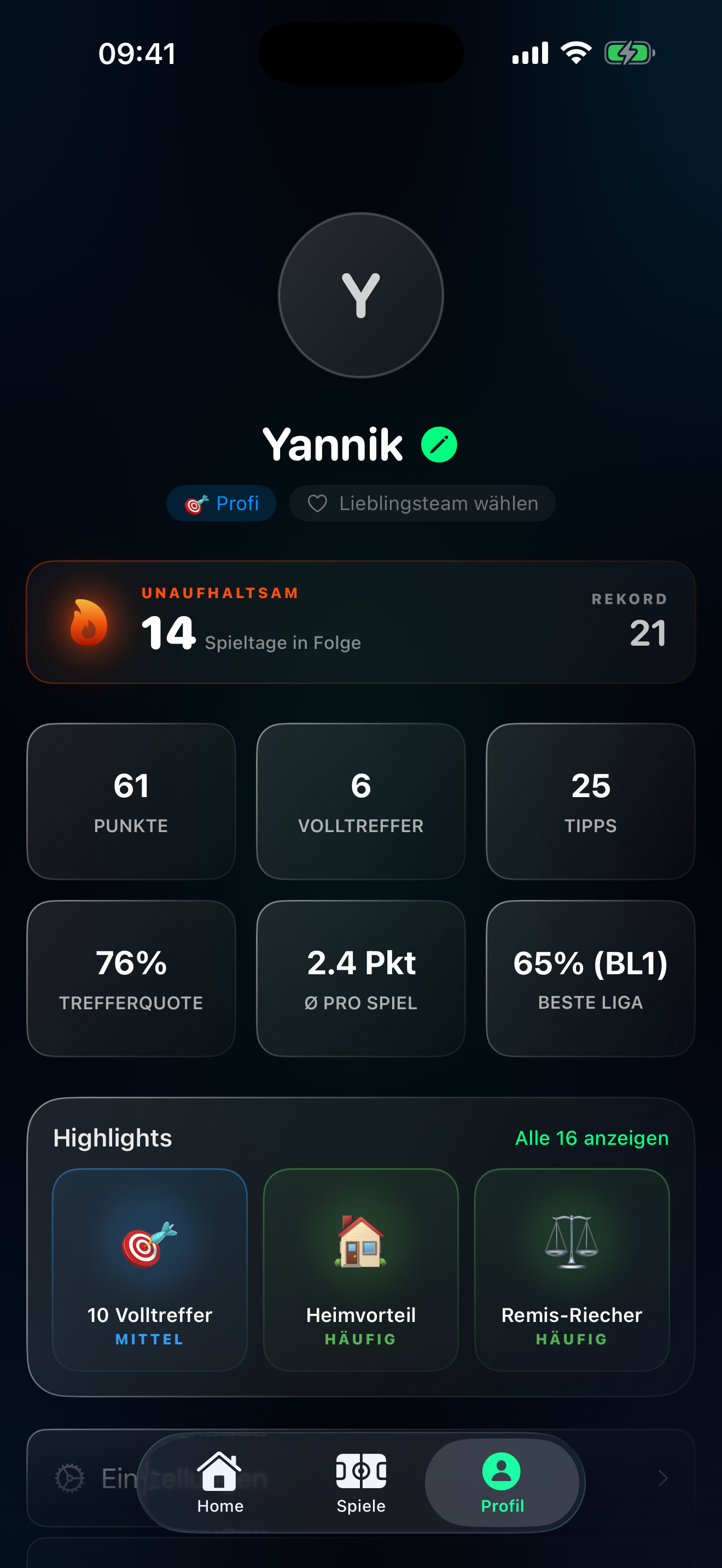 Tippr Profil mit Streak, Trefferquote und Achievements-Übersicht