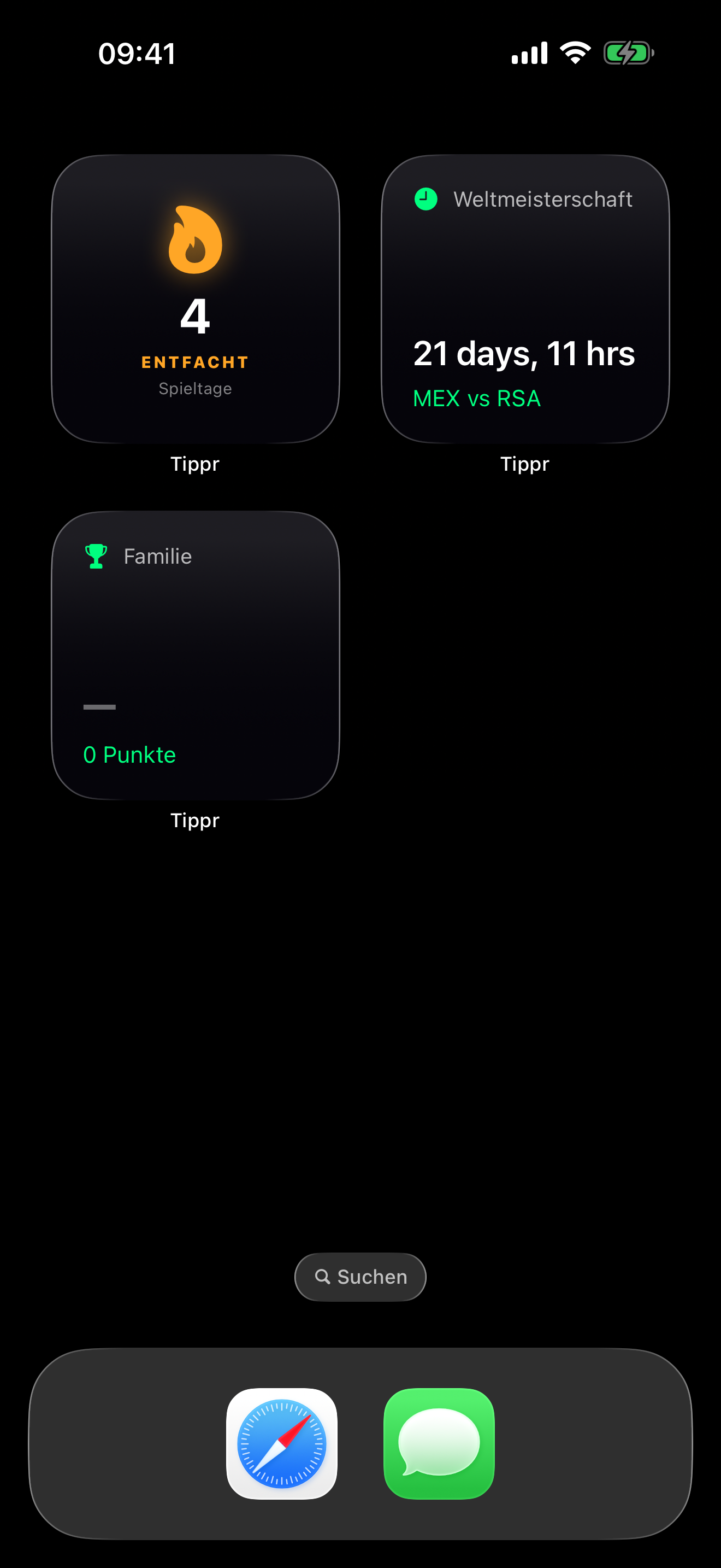 Tippr Native iOS App mit Widgets auf dem iPhone Lockscreen — Streak und WM-Countdown