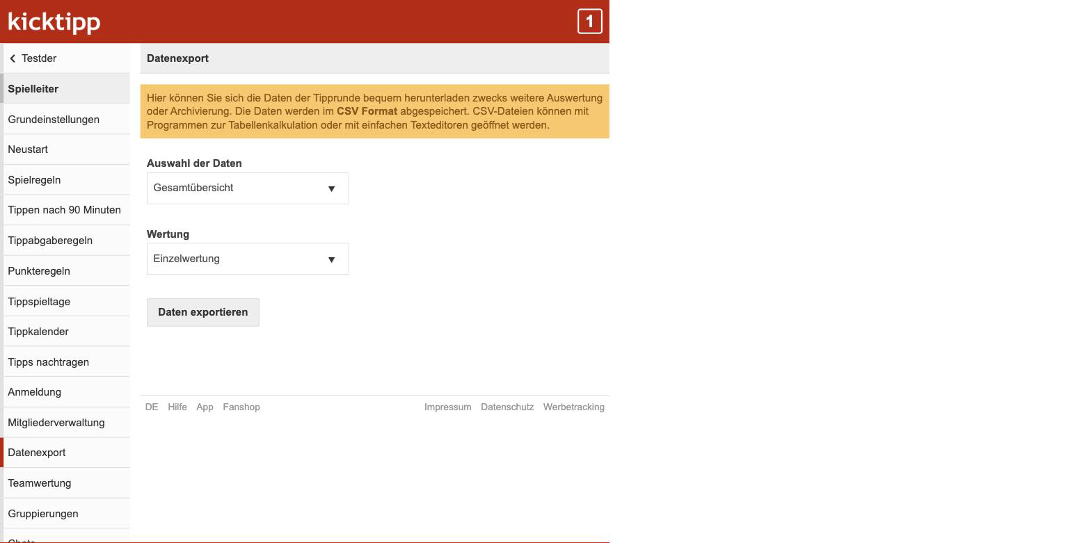 Kicktipp-Spielleiterbereich mit CSV-Export der Gesamtübersicht
