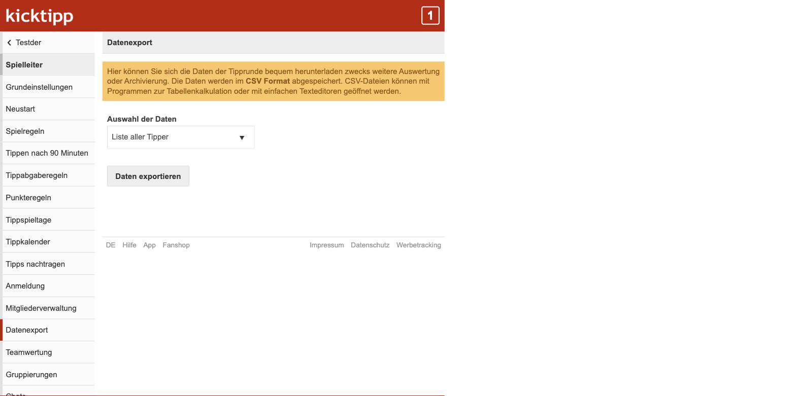 Kicktipp-Export „Tipper" mit Export-Button